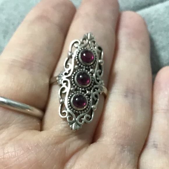 New Sterling Silver Pink Ruby Trio Triple Ring Size 8-8.25 w/Filigree Setting - Picture 8 of 16